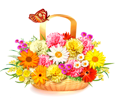 Basket Of Flowers And Flying Butterfly