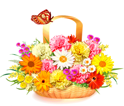 Basket Of Flowers And Flying Butterfly